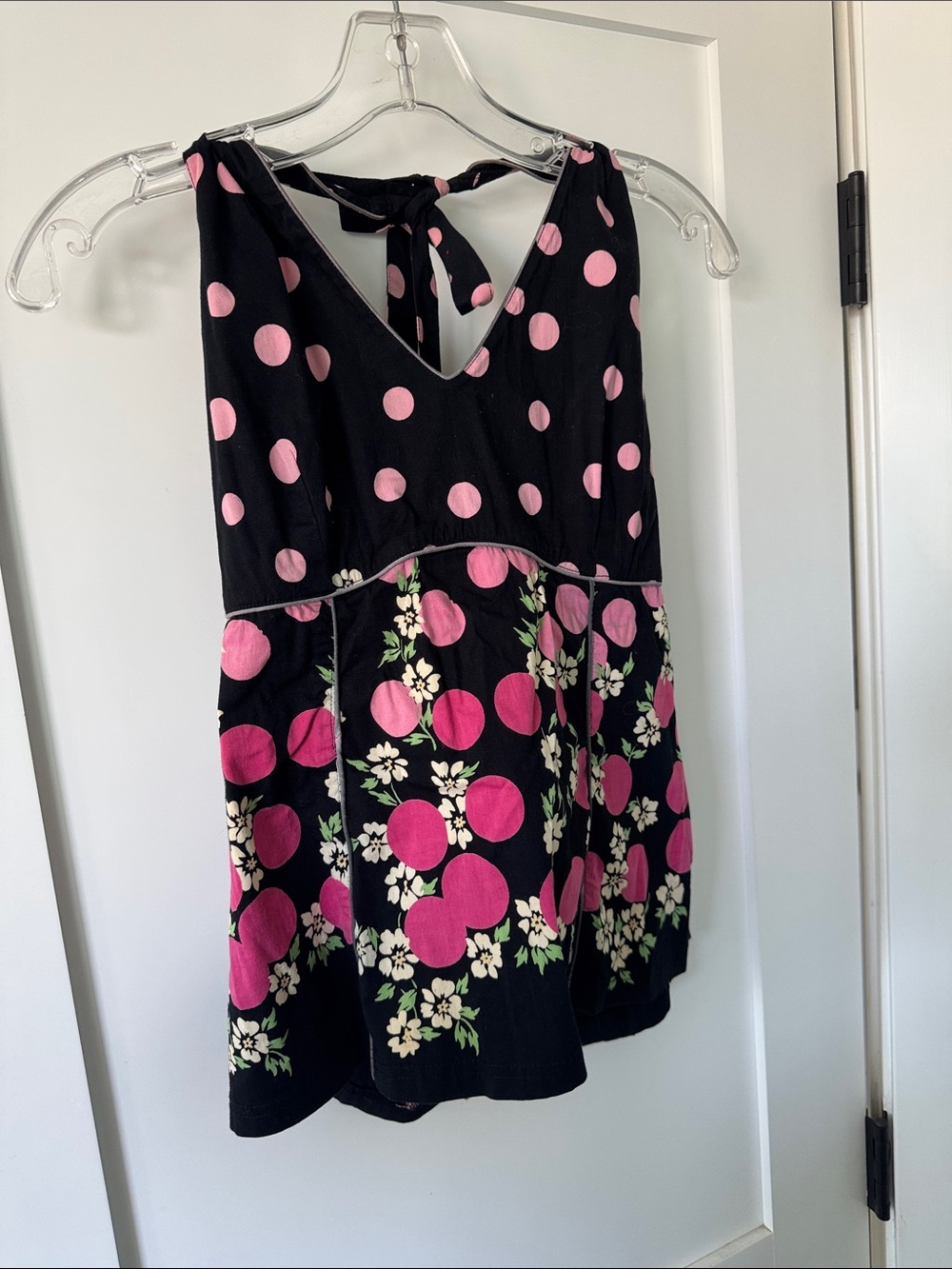 Nostalgia Black Halter-Style Tank with Pink Polka Dot & Floral Panel
